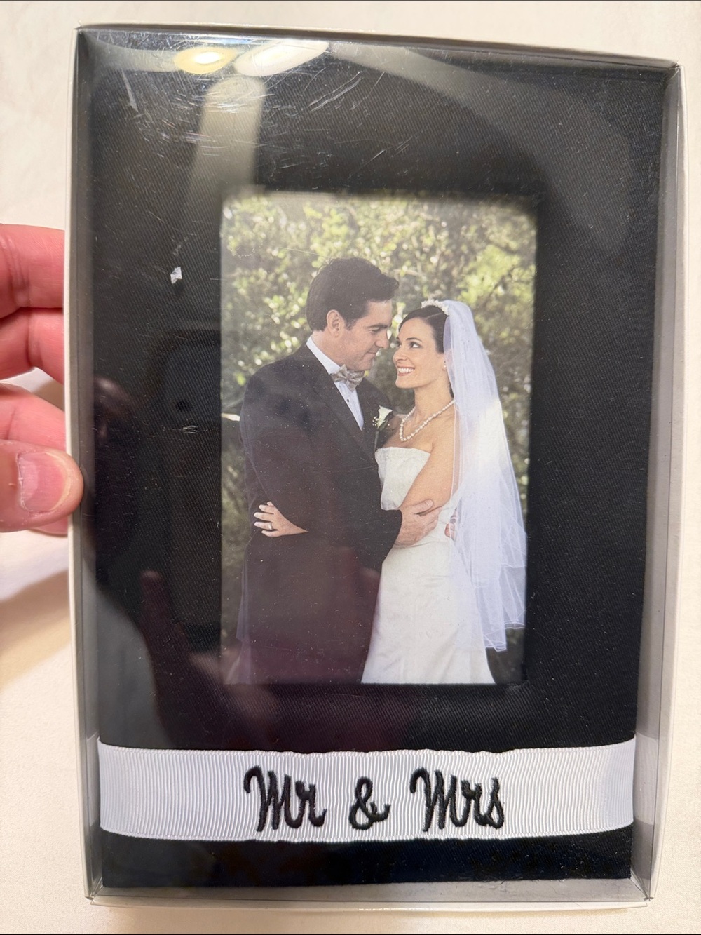 IKEA Black Photo Frame with White "Mr & Mrs" Ribbon
